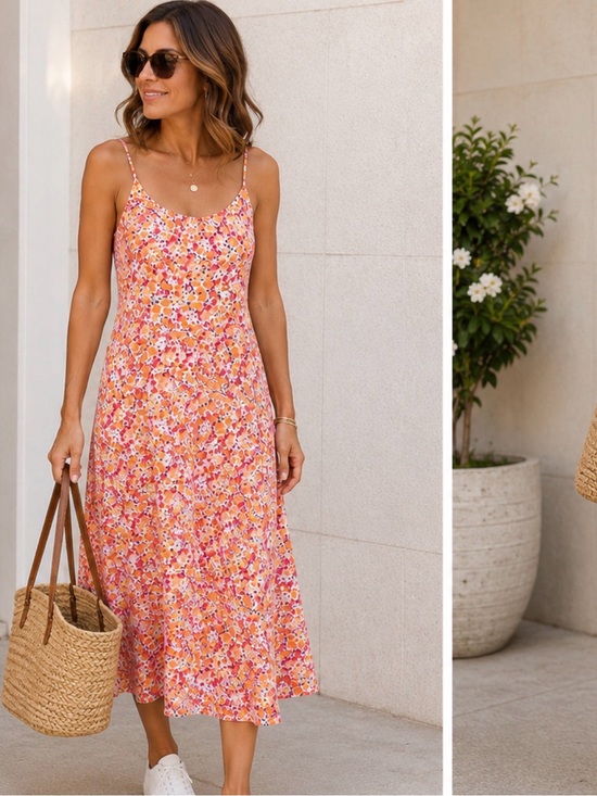 Old Navy Dresses & Skirts - Old Navy Orange and Pink Floral Spaghetti-Strap Midi Dress